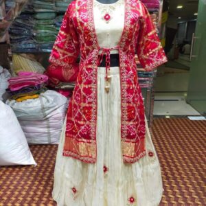 This outfit is a beautiful contemporary Indo-fusion lehenga set featuring a stylish jacket—perfect for festive and semi-traditional occasion
