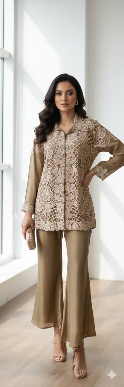 elegant, semi-formal embroidered pant suits