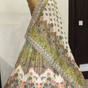 These two outfits form a beautiful coordinated wedding/festive couple set, designed with matching prints, motifs, and pastel color themes. Here’s a complete breakdown: