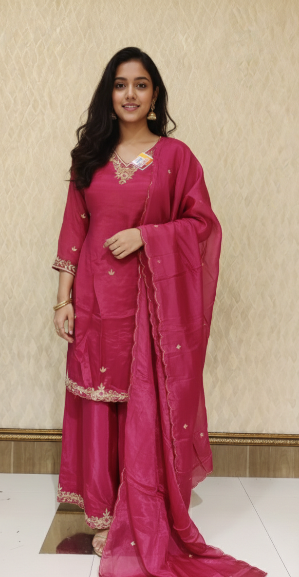 short kurti with plazzo.
heavy duppta
party wear
hand work zardozi