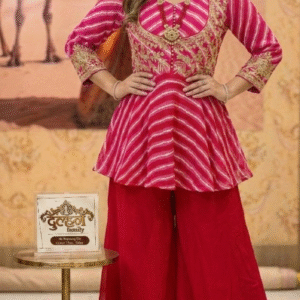 ♥️🩷✨Elegant Pink Leheriya Peplum Kurti with Red Sharara Set✨💫