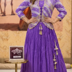 ✨💜Purple Leheriya Print Indo-Western  Set with Hand work gota patti Jacket & chinon  fabric 💫