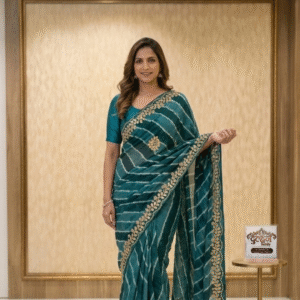 💙💚✨Elegant Teal Leheriya Saree✨ hand work gota patti ✨