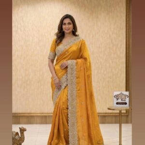 🧡💫Elegance Redefined: Hand-Embroidered Mustard Silk Saree